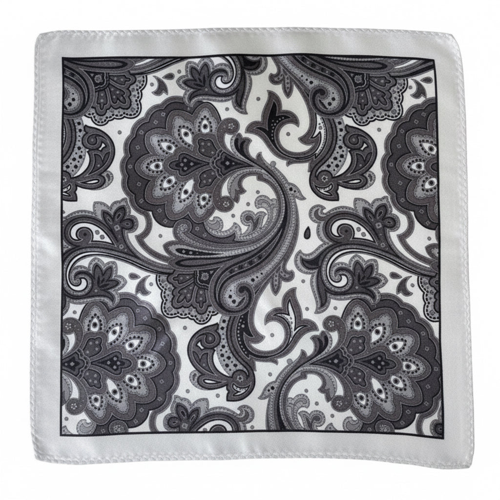 Midnight Serenade – Black & White Paisley Silk Pocket Square
