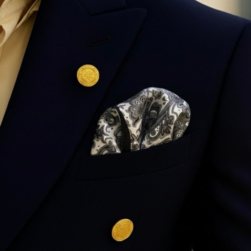 Midnight Serenade – Black & White Paisley Silk Pocket Square