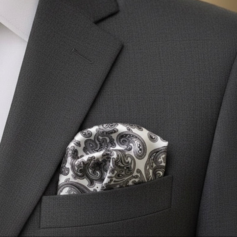 Midnight Serenade – Black & White Paisley Silk Pocket Square