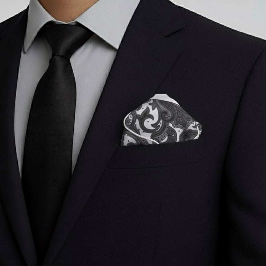 Midnight Serenade – Black & White Paisley Silk Pocket Square