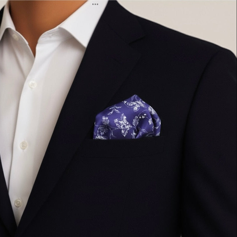 Navy Floral Silk Pocket Square