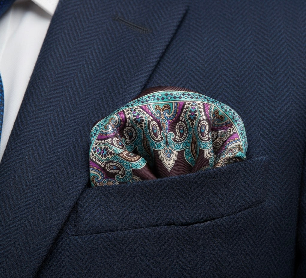 Double-Sided Navy Bordeaux Paisley Pocket Square