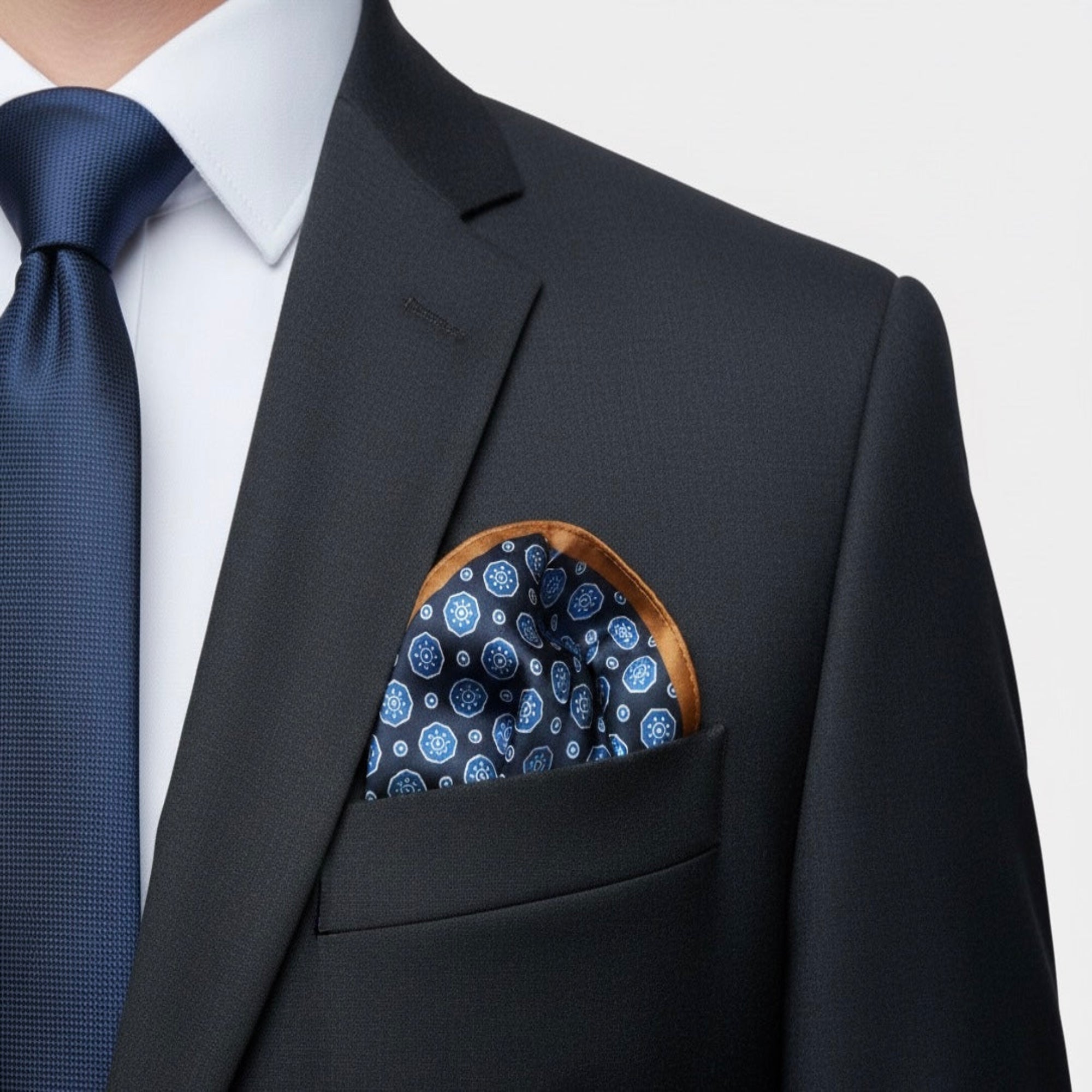 Navy & Amber Geometric Charm Pocket Square