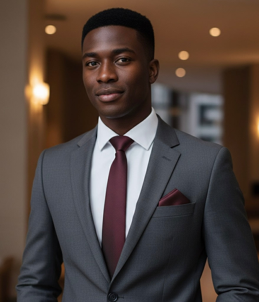 Burgundy Royale Silk Touch Satin Tie · Bow Tie · Pocket Square · Cufflinks Presented in a Premium Gift Box