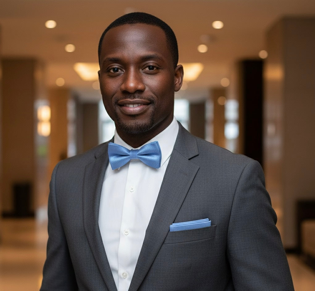 Sky Blue Elegance Silk Touch Tie · Bow Tie · Pocket Square · Cufflinks Set Presented in a Premium Gift Box