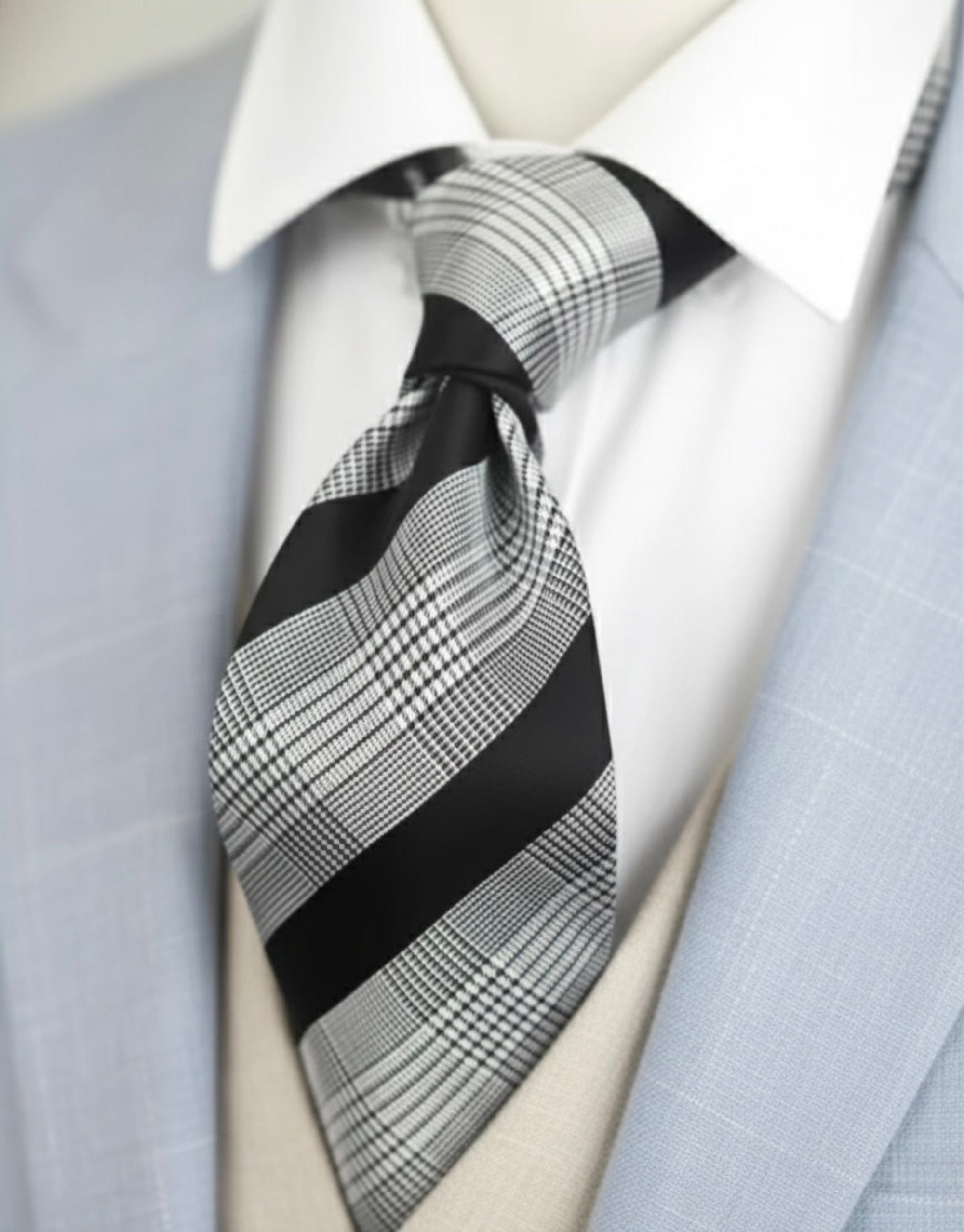 Black & Grey Plaid Stripe Silk Tie