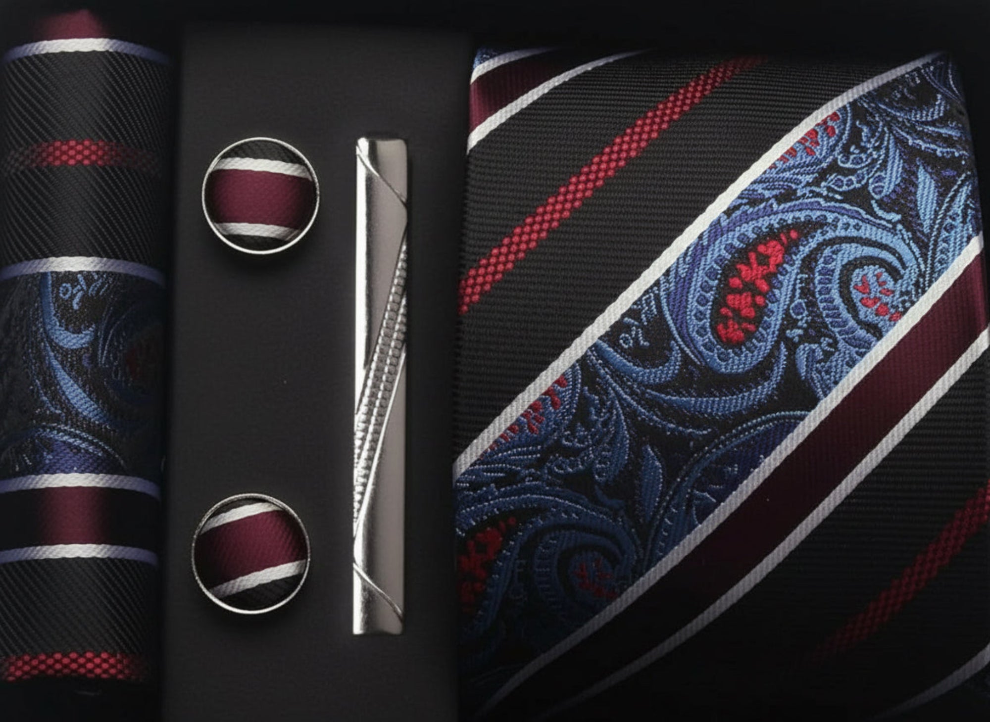 The Silk Prestige Paisley Silk Gift Set — 100% Silk Tie + Pocket Square + Cufflinks + Tie Clip (Gift Box Included)