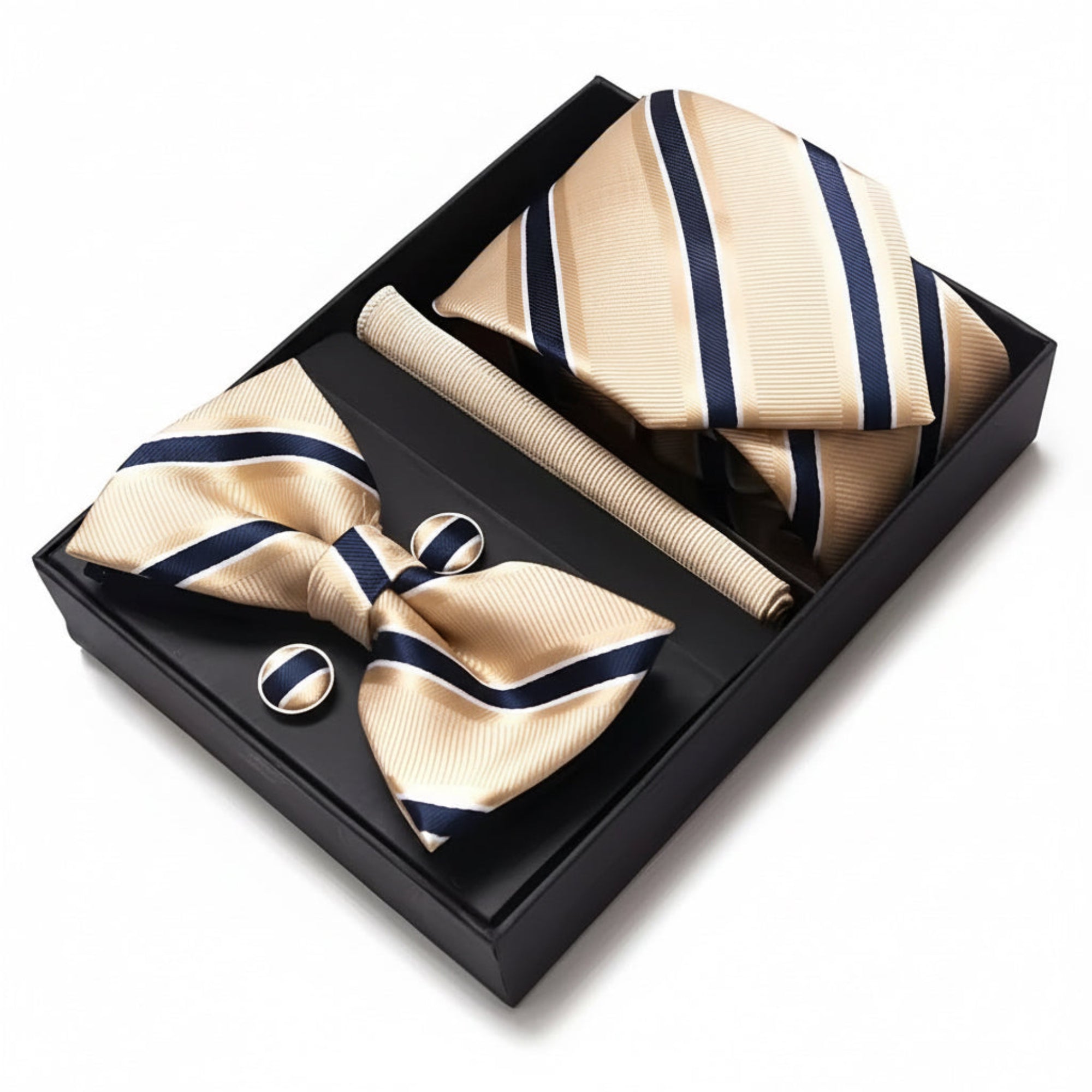 The Champagne Stripe Prestige Silk-Touch Satin Tie · Bow Tie · Pocket Square · Cufflinks Presented in a Premium Gift Box