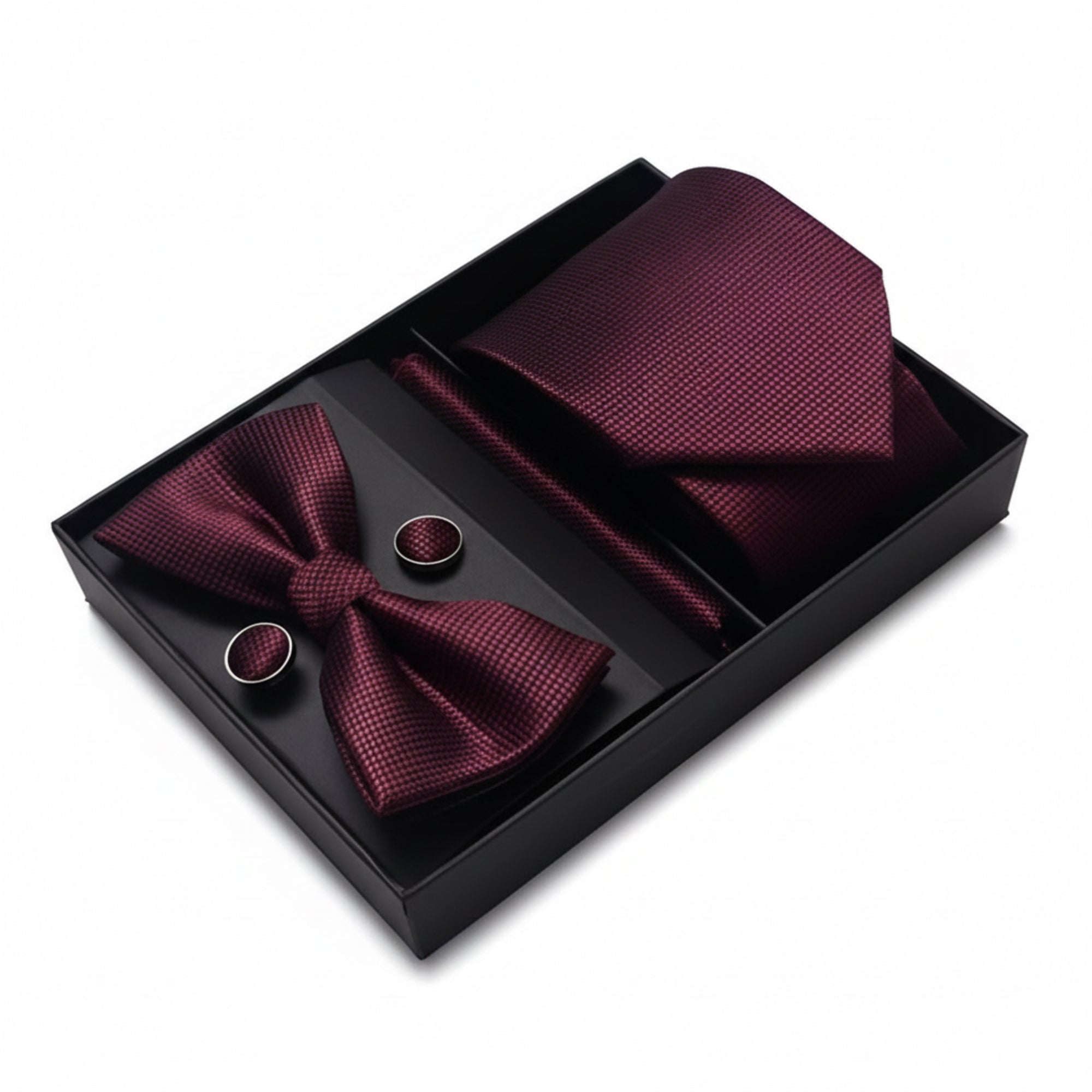 Burgundy Royale Silk Touch Satin Tie · Bow Tie · Pocket Square · Cufflinks Presented in a Premium Gift Box