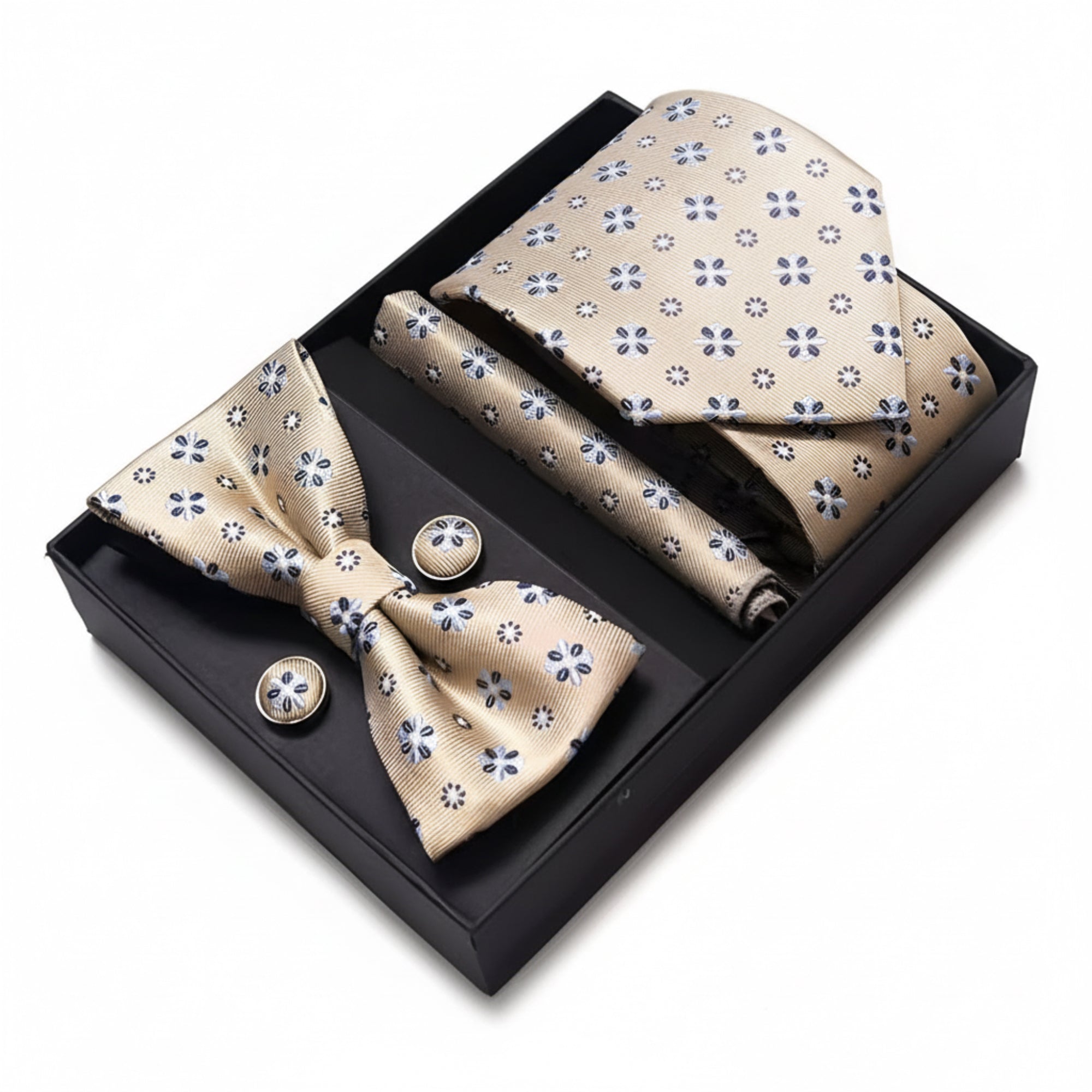 The Champagne Midnight Floral Silk-Touch Satin Tie · Bow Tie · Pocket Square · Cufflinks Presented in a Premium Gift Box