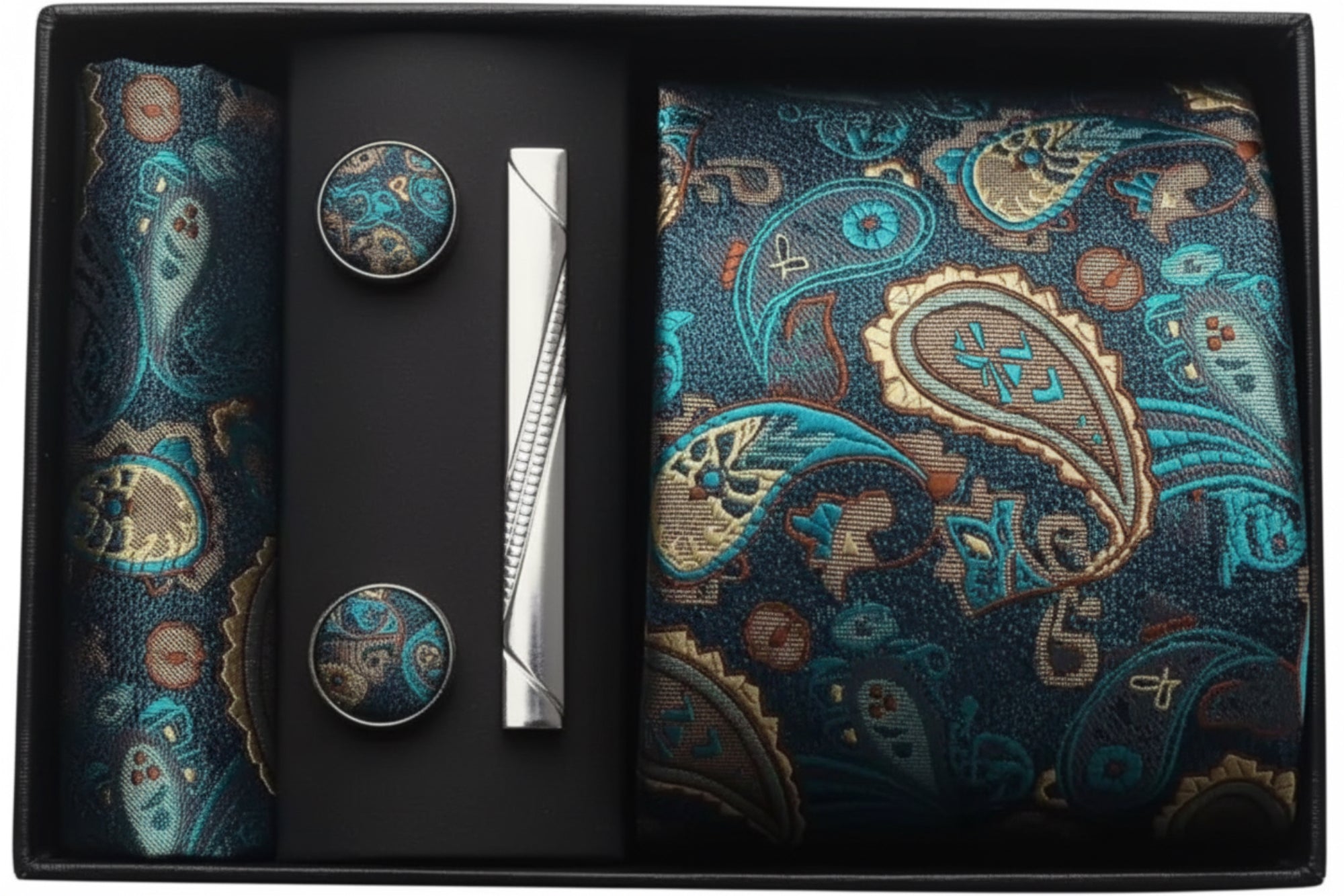 The Royal Teal Paisley Silk Set — 100% Silk Tie + Pocket Square + Cufflinks + Tie Clip (Gift Box Included)