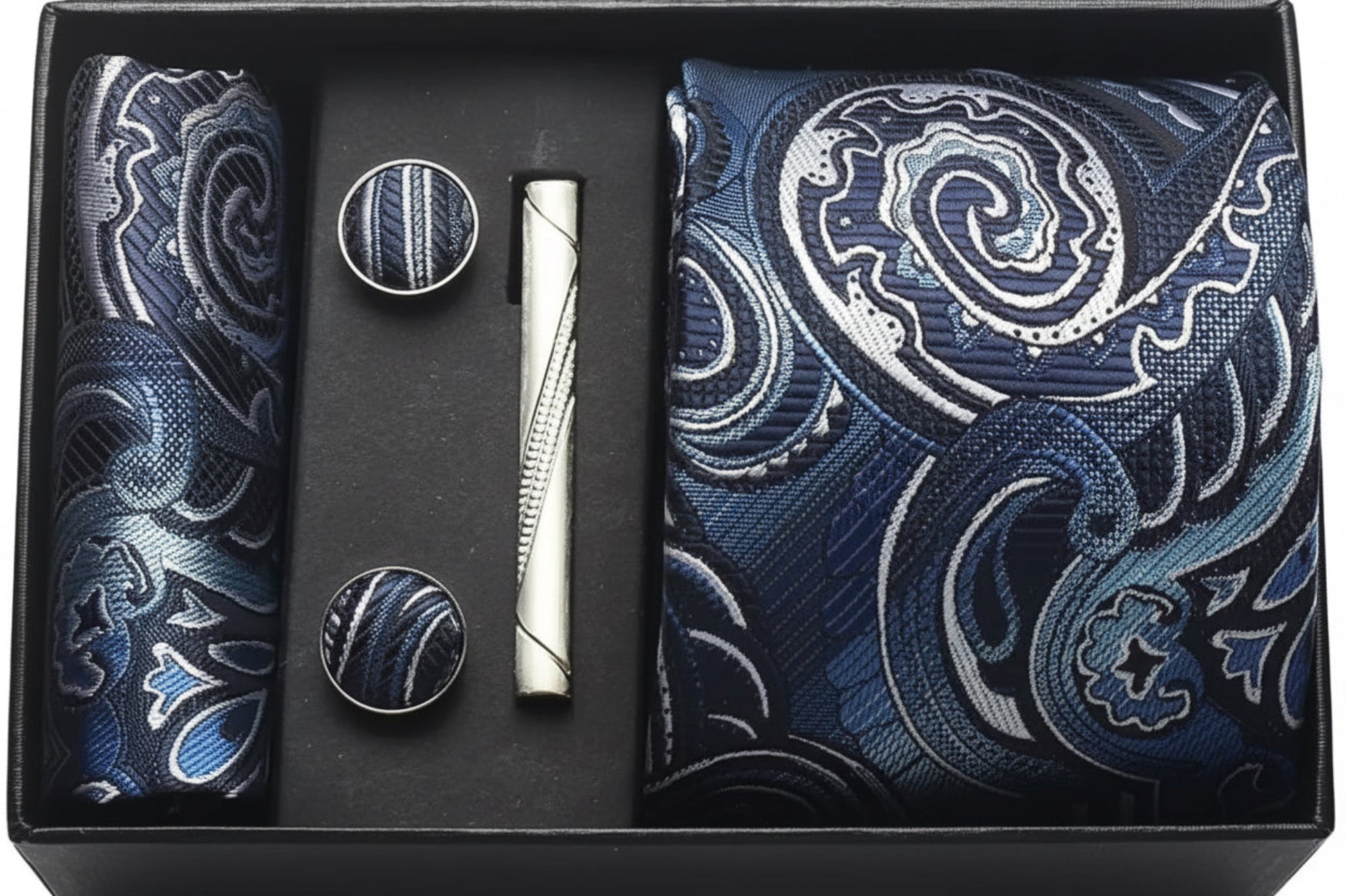 Prestige Blue Silk Paisley Set — 100% Silk Tie, Pocket Square & Cufflinks (Gift Box Included)