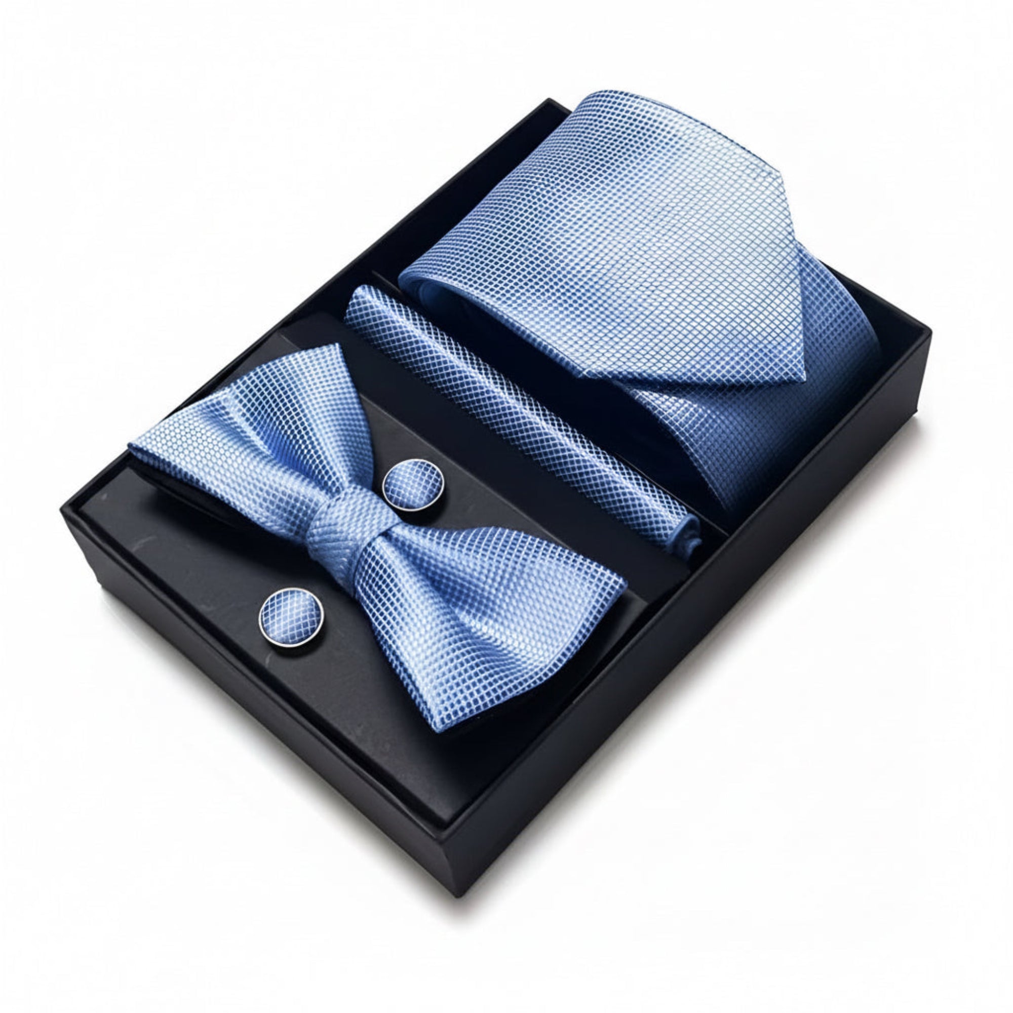 Sky Blue Elegance Silk Touch Tie · Bow Tie · Pocket Square · Cufflinks Set Presented in a Premium Gift Box